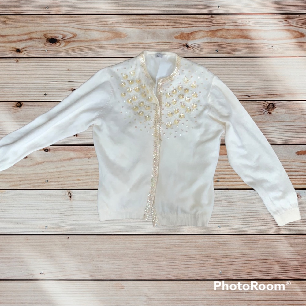 Grandma cardigan sweater cream pearls sequins floral s lambs wool angora rabbit